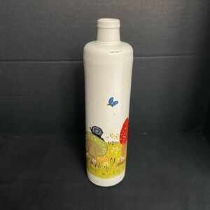 Vtg Stoneware Pottery Bottle Hand Painted Mushrooms Flowers Butterfly Snail